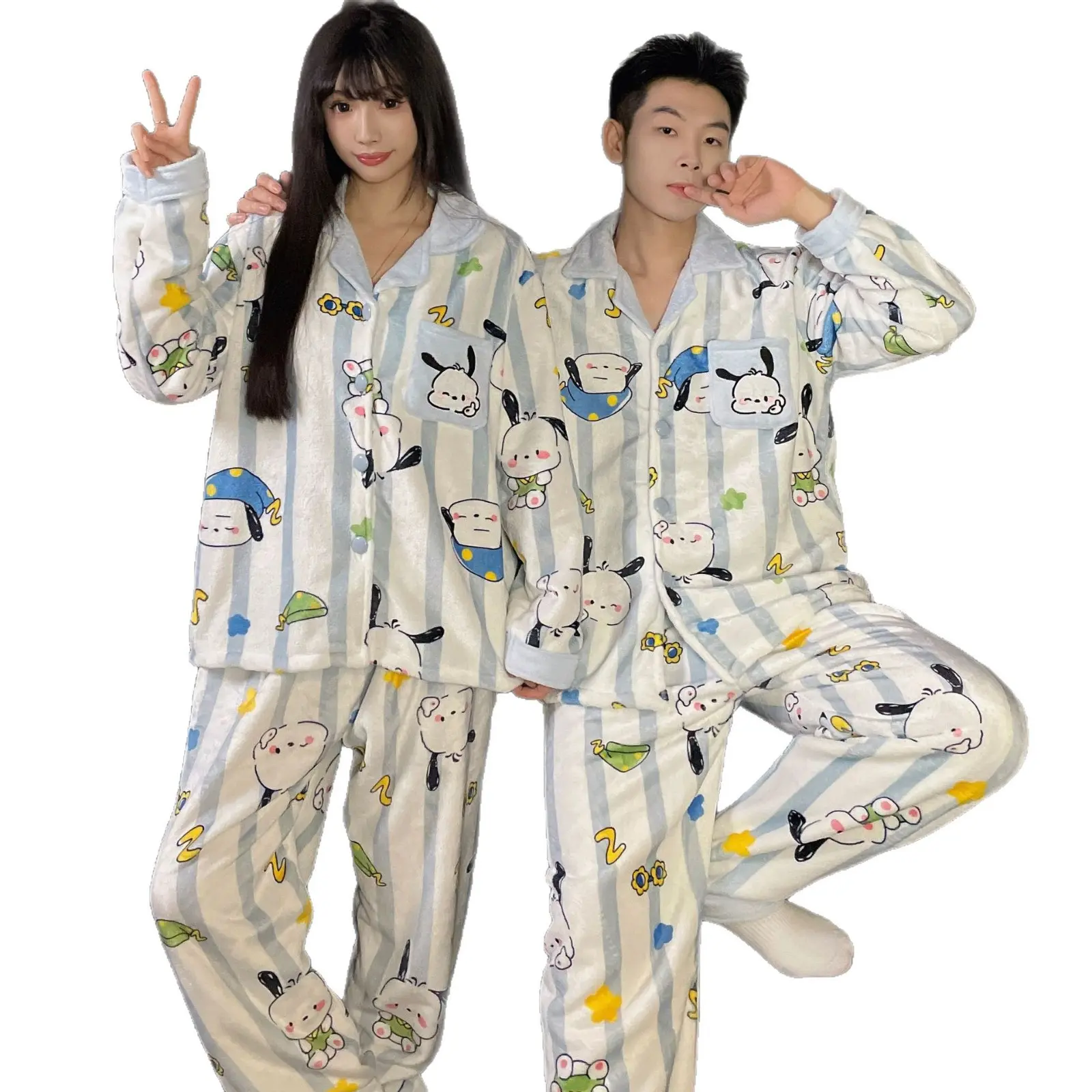 Couples' 2-Piece Matching Pajama Set for Couples Who Play Together - Kawaii Pachamaruko Dog Print, Warm Coral Fleece Flannel Long Sleeve Top & Trouser Winter Sleepwear, Cute Casual Comfortable Character-Themed Men's & Women's Essential Loungewear