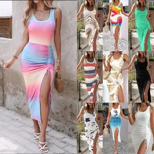 Ribbed Sleeveless Drawstring Ruched High Slit Dress