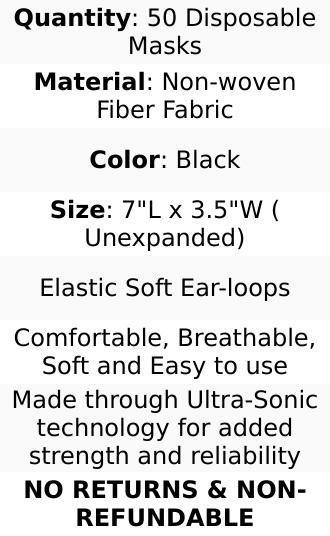 50 Pack 3 Ply Black Disposable Face Mask Non Woven Mask with Ear Loop