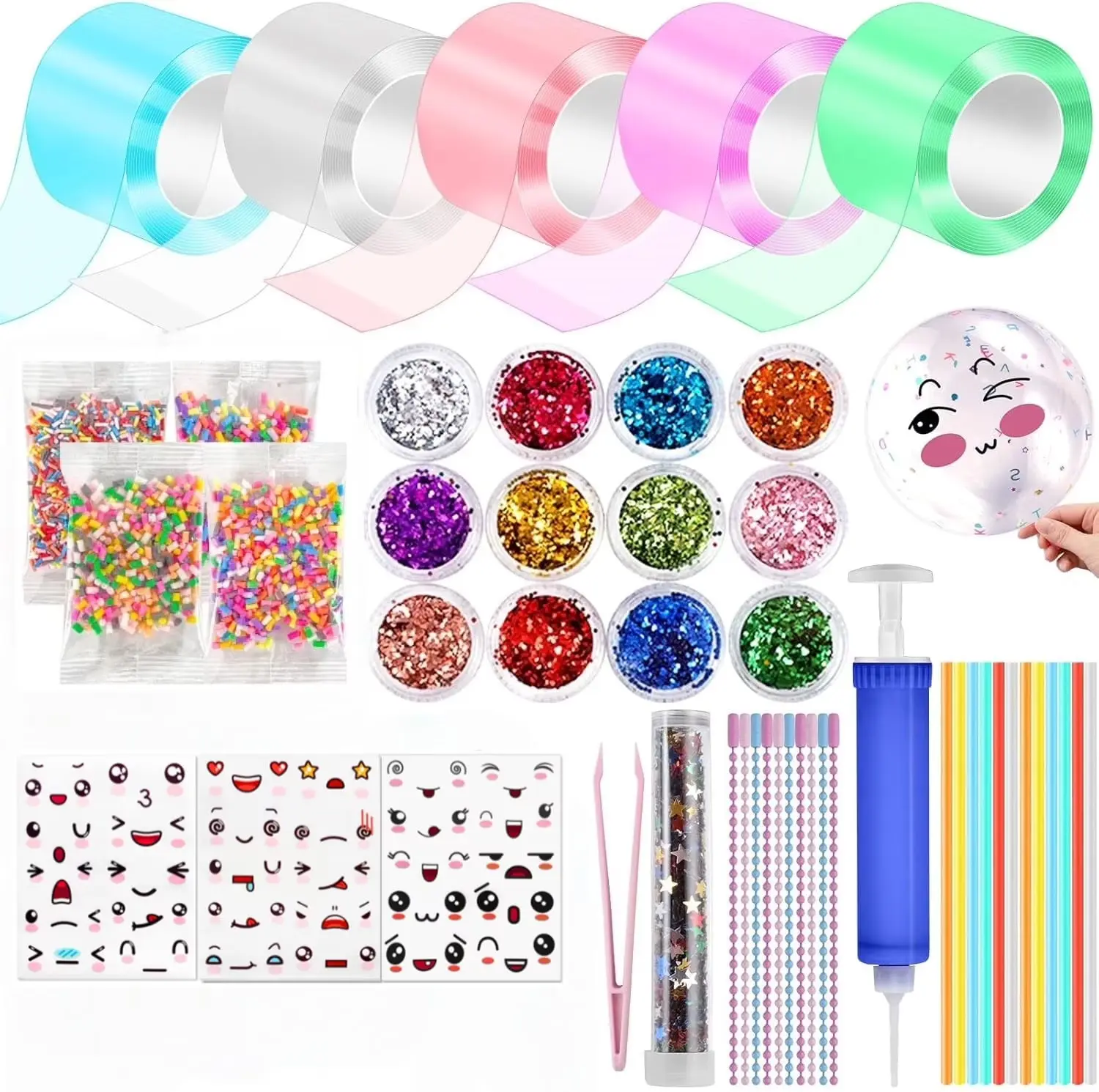 Nano Tape Bubble Kit, Nano Double Sided Adhesive Tape Bubbles, 5Pcs Nano Tape,1m/3.28 ft Each Roll Nano Tape Double Sided Tapes with Luxe Glitter, Clay, Beads, Cute Stickes for Party Favors Cute Stickers Decorate
