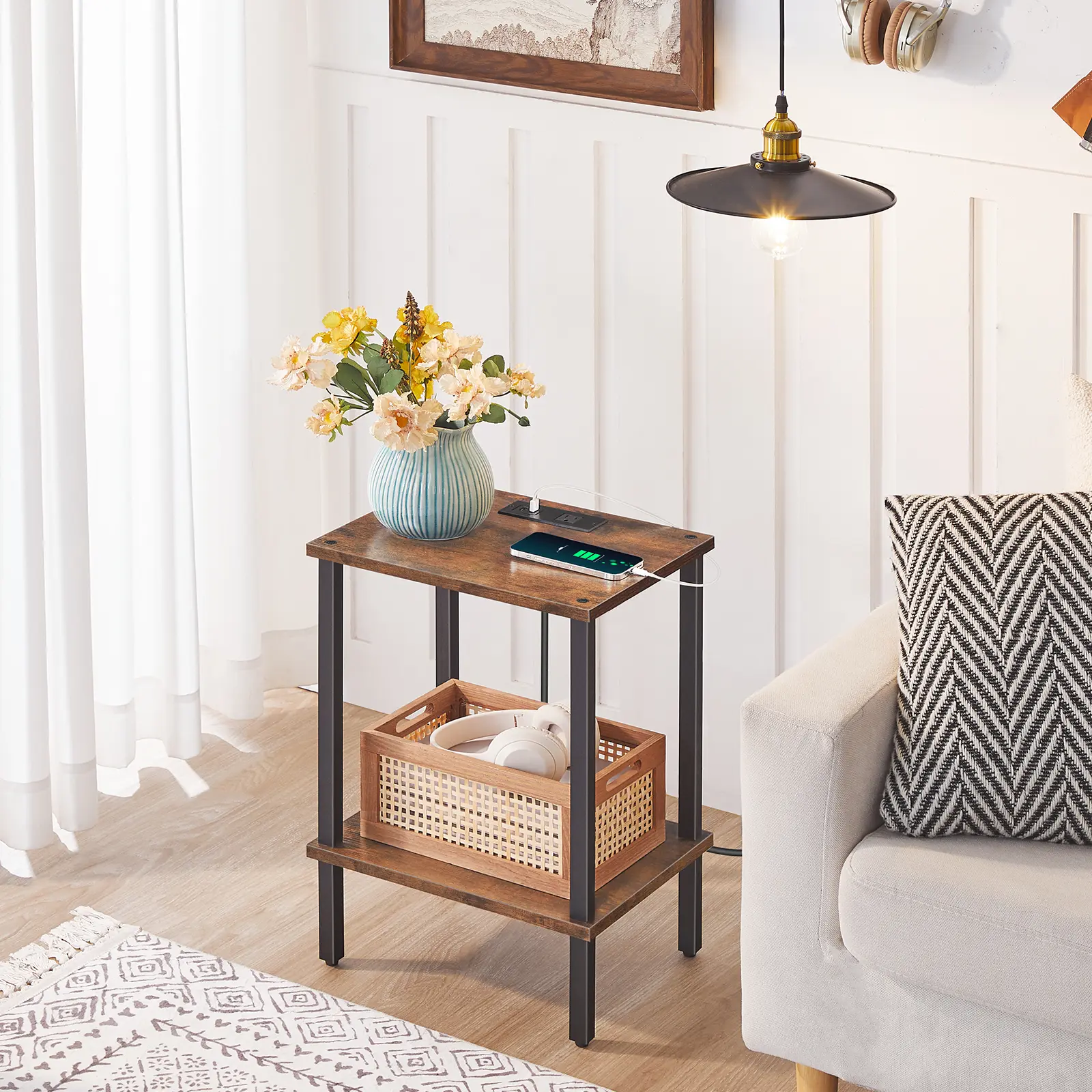 MAHANCRIS Small Wooden End Table with Charging Station - Stylish Bedside Table with USB Ports, Outlet, Wooden Tabletop for Small Space, Bedroom, Living Room, Rustic Brown