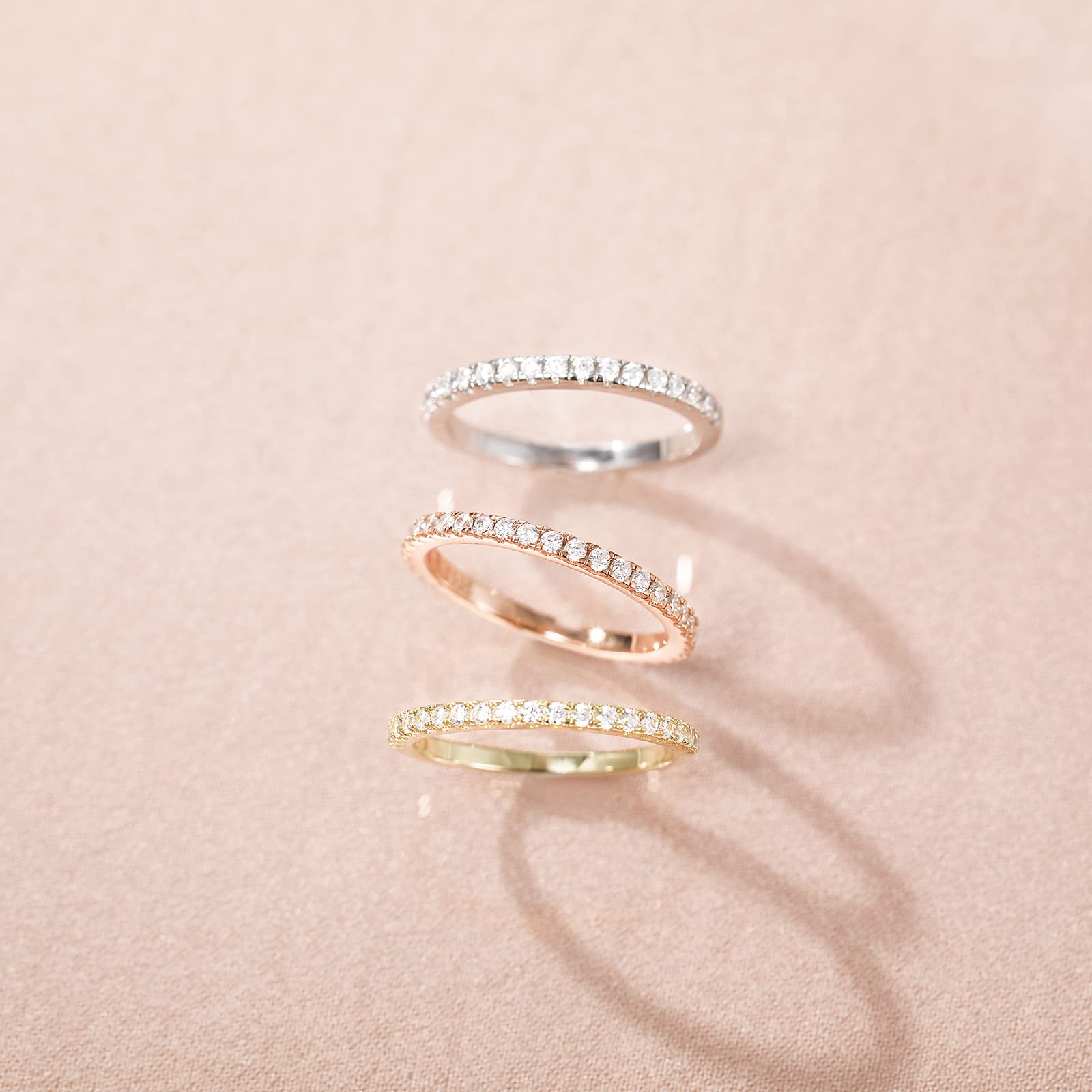 EAMTI 2mm 925 Sterling Silver Wedding Band Cubic Zirconia Full Eternity Stackable Engagement Ring