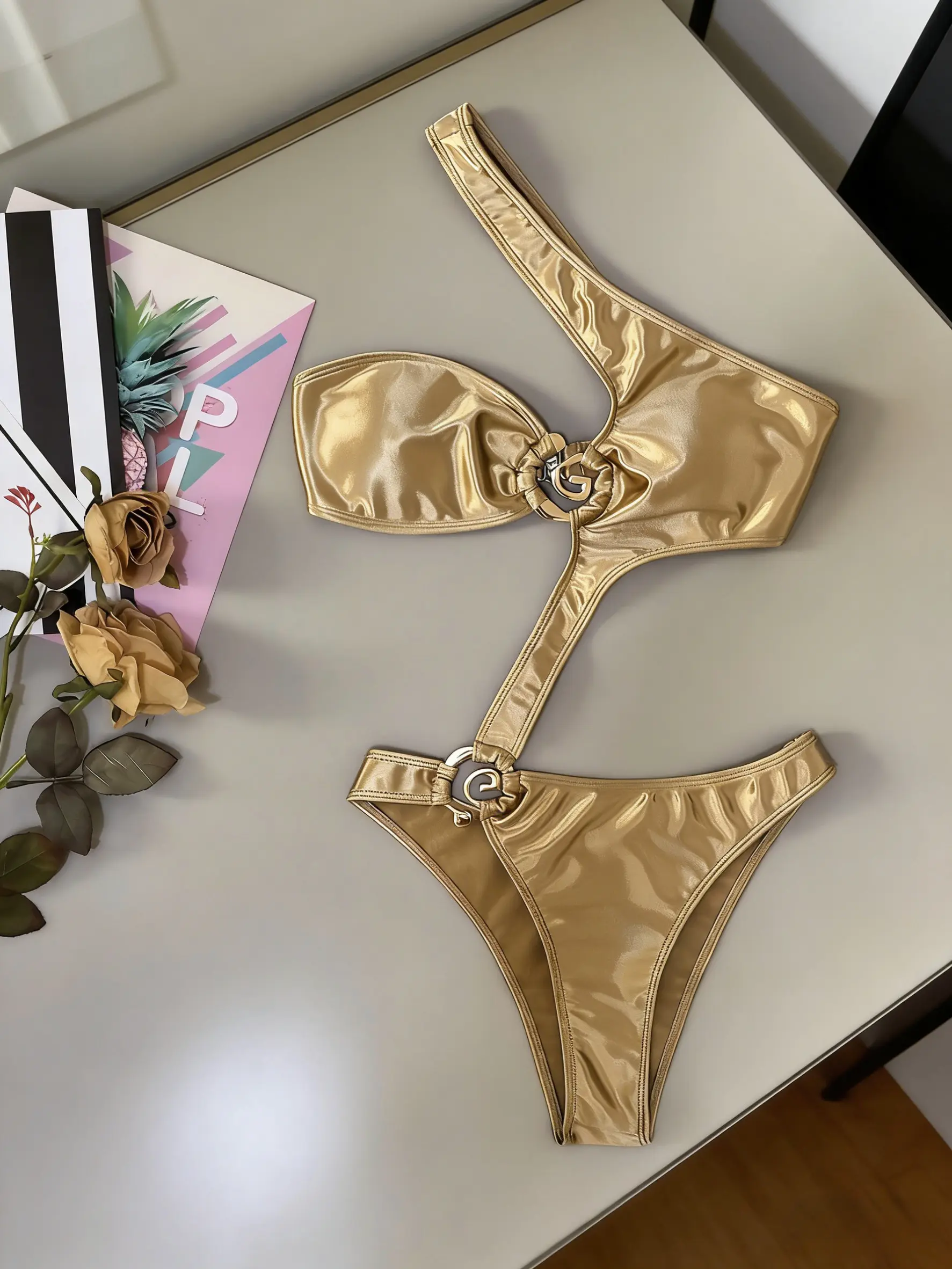 Metallic embellished stretch satin fabric cutout one-piece swimsuit, women's sexy one-shoulder bikini.