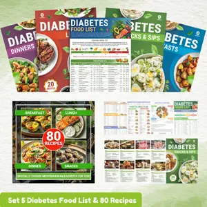 5 Pack Diabetes Food List Chart & 80+ Meal Planner Recipes for Beginner, Laminated Diabetes Diet Plan for Type 1 & 2, Food To Eat - Avoid w/Serving Size, Glycemic Index (GI), Net Carbs Calories