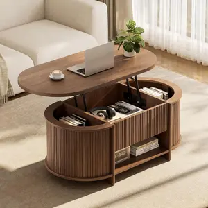 Sikaic Fluted Lift Top Coffee Table with Storage, Mid Century Modern Oval Coffee Tables with Open Shelf and Hidden Storage Compartment, Center Table for Living Room, Office, Small Space, Walnut Brown