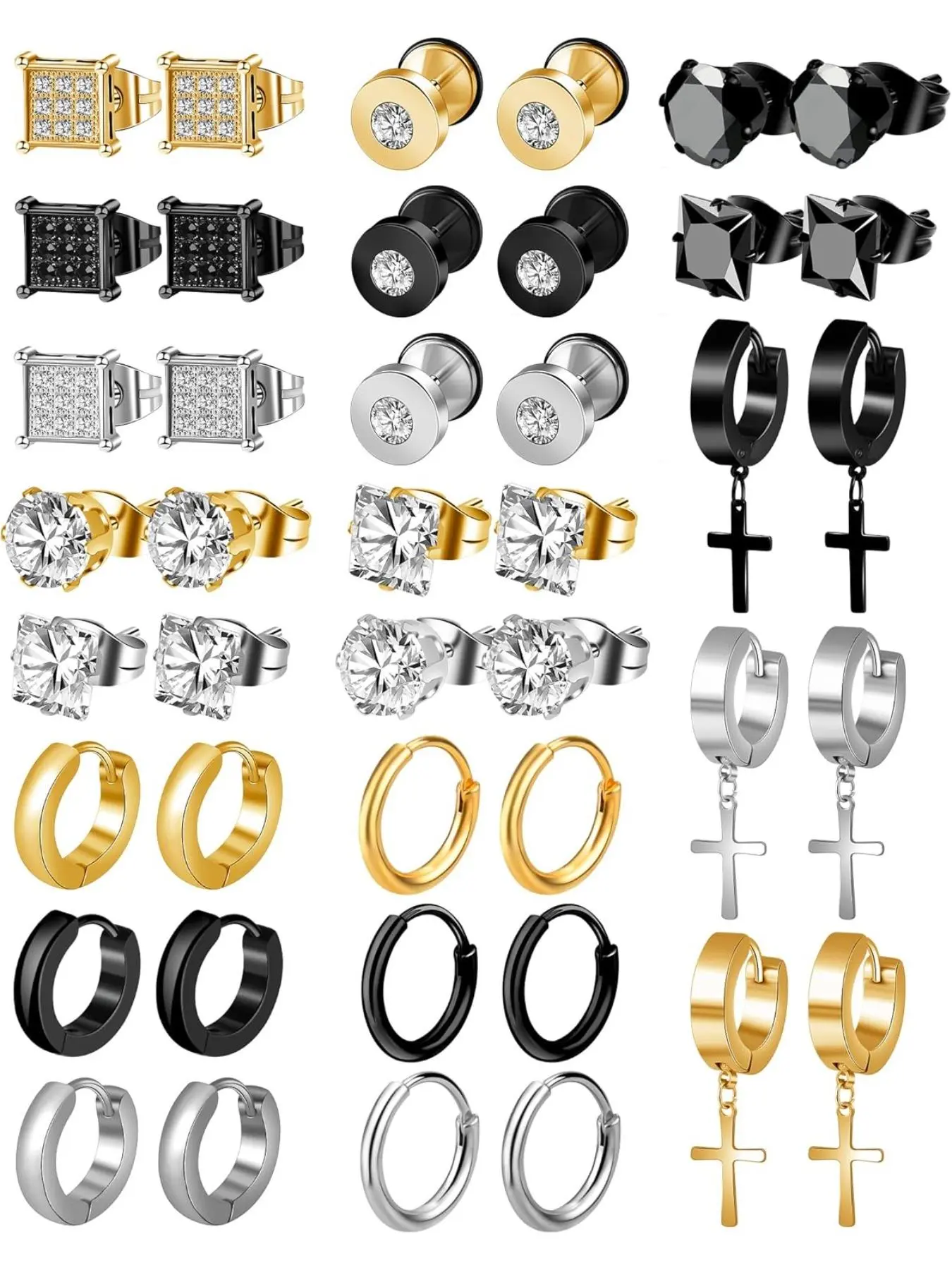 Rhinestone Earring Stacking Set for Women & Men, Punk Cross Dangle, Hoop & Stud Styles, Sparkling Multi-Piece Ear Jewelry Set