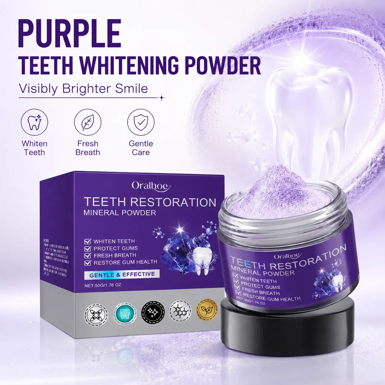 Purple Teeth Whitening Powder, Color-Correcting Mineral Tooth Powder for Brighter-Looking Smile, Gentle Daily Oral Care Formula for Surface Stain Care, Fresh Breath & Clean Teeth Routine, 50g