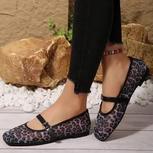 Women's Leopard Print Mesh Shoes Buckle Square Toe Flat Design Street Style Fashion Suitable for Jeans & Dresses Outdoor Indoor Wear Springfresh