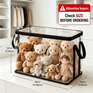 Black PVC Stuffed Animal & Doll Storage Box with Handle, 14.96" * 9.45" * 12.60" – Dustproof Durable Toy Organizer for Kids’ Room, Playroom, Living Room, Birthday Gift
