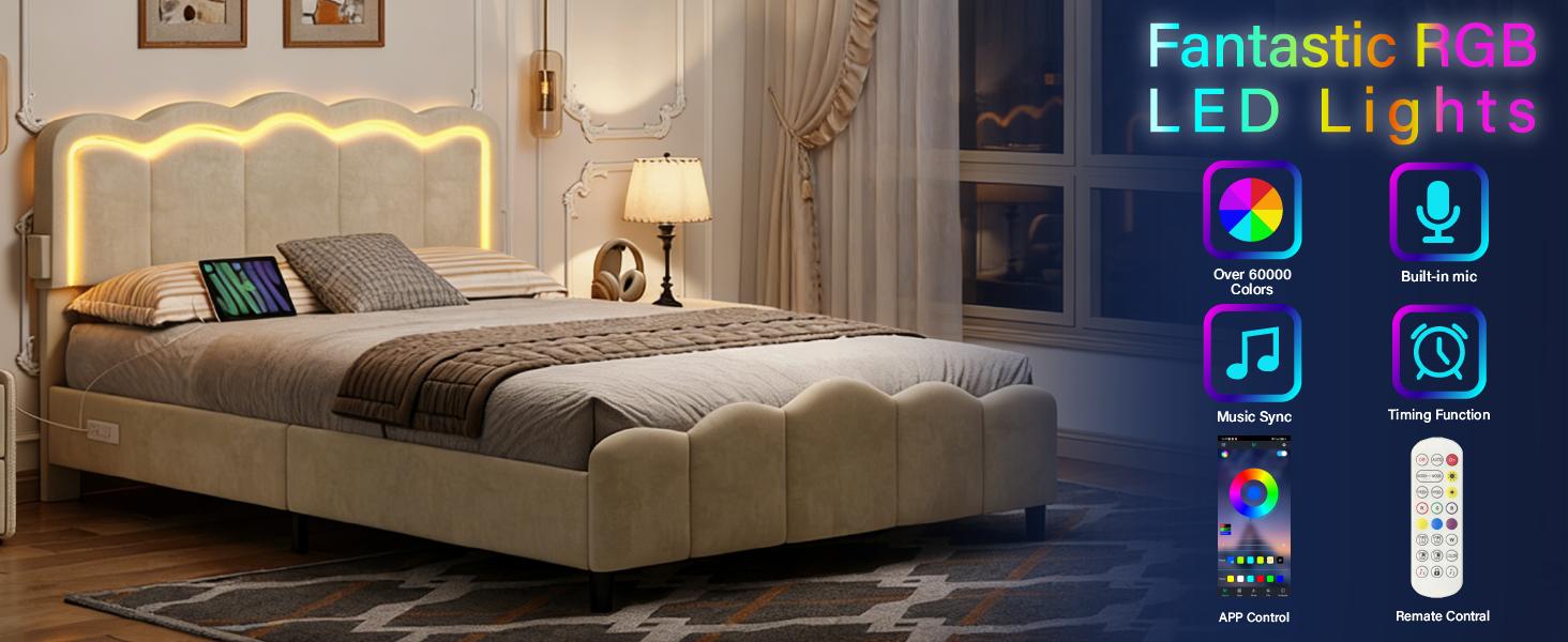 Complete Upholstered Bed Frame with Adjustable Headboard, Chic Double Wavy Design, Velvet Finish, Platform Bed with USB Charging Station, LED Lighting, No Box Spring Required, Pink