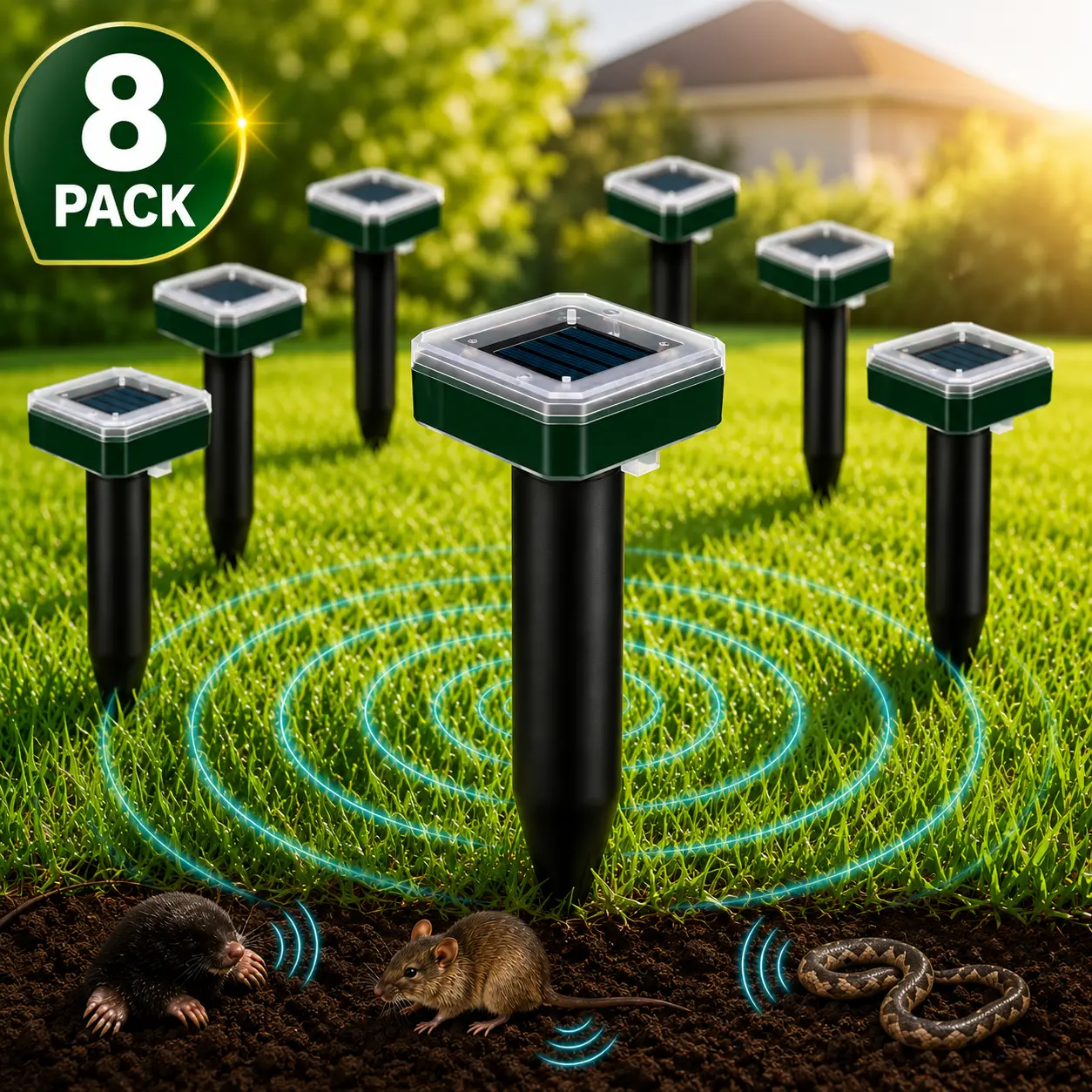8 Pack Solar Mole Repeller Stakes, Easy-to-Install Outdoor Ultrasonic Animal Deterrent - Effective Deterrence for Snakes, Deer, Gophers, Voles, Rodents - Solar-Powered Waterproof Flashlight Stakes for Lawn, Garden