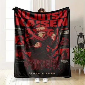 Jujutsu Kaisen Yuji Itadori Flannel Blanket Anime Style Red Black Fighting Spirit and Dark Magic Graphic Print Soft Warm Cozy Lightweight Throw Ideal for Sofa Bedroom Office Travel Gift Decor Use