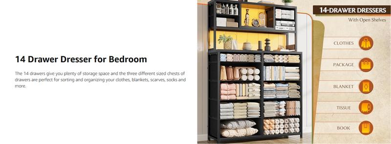 RaybeeFurniture Dresser with 14 Fabric Drawers,Tall Dresser for Bedroom with Charging Station and LED Lights,Dressers & Chests of Drawers for Bedroom, Steel Frame & Wooden Top for Closet, Entryway