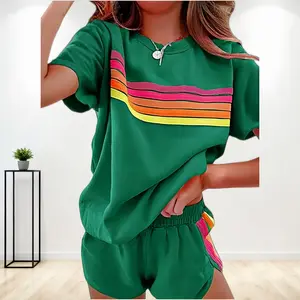 Rainbow Vibrant Color-Block Matching Sets | Women's Shorts & Tee Lounge Outfit - Comfy Streetwear PJs Two-Piece for Summer | Striped Color-Block Lounge PJs Set |