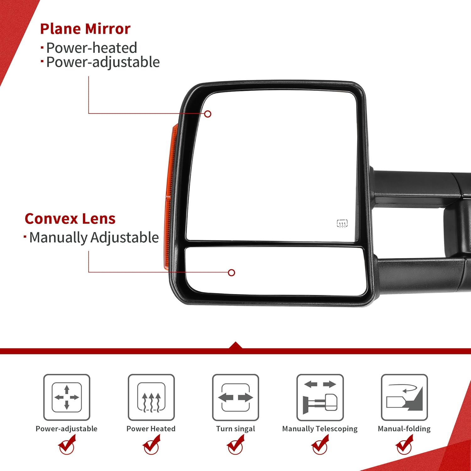 YITAMOTOR Towing Mirror Car Accessories for Toyota Tundra Models 2007-2017, Power-Adjusted Heated Turn Signal Light, Manual Telescoping & Folding Design