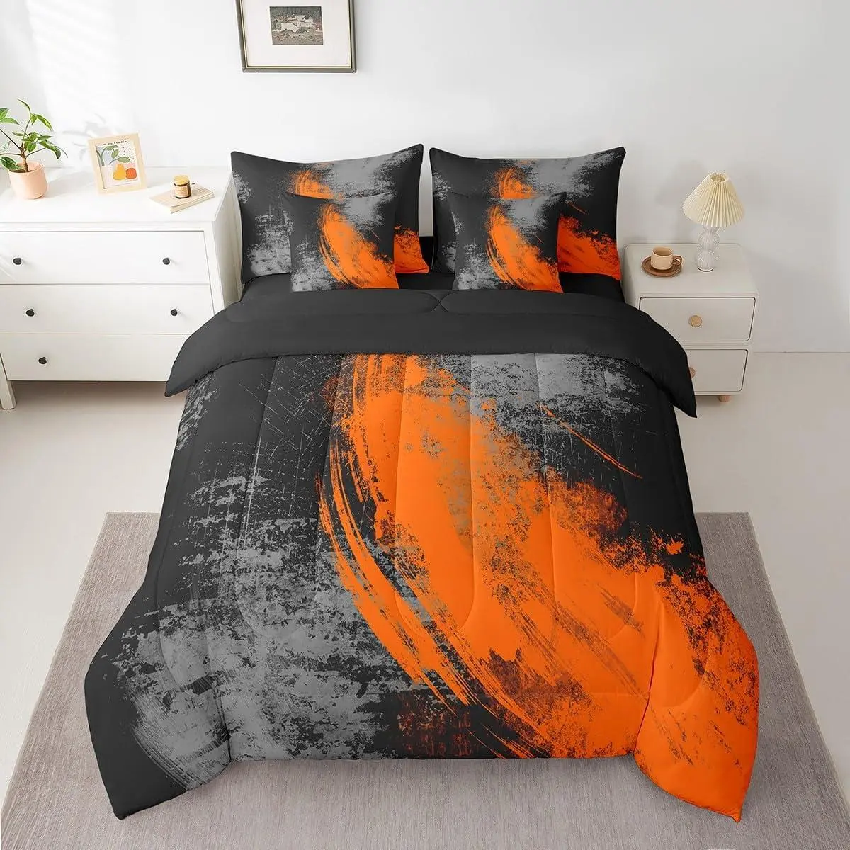 Ombre Orange Black 7 Piece Bedding Set Abstract Bed Set Includes Comforter,Sheet Set,Pillowcases & Pillow Covers Geometric 7 Piece Bedding Set Modern Art Luxury