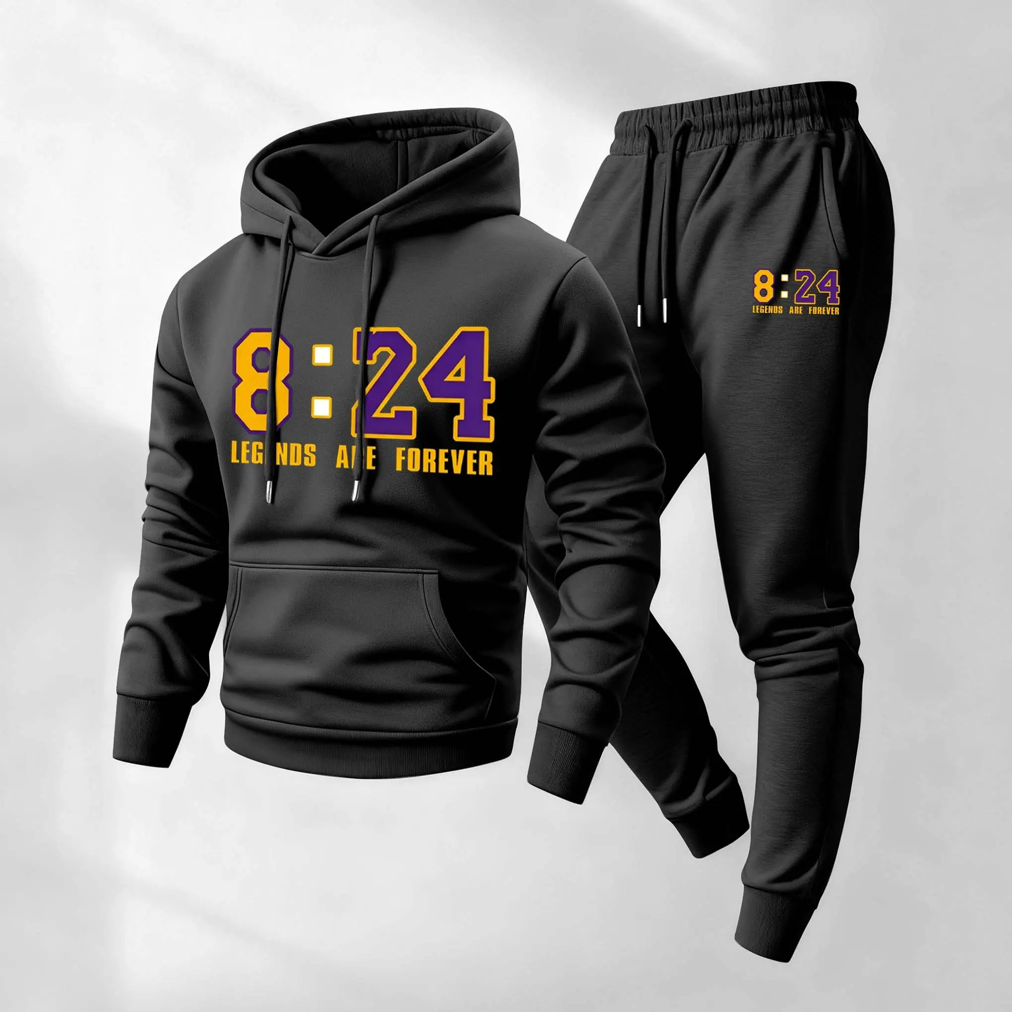 Men's Retro Basketball 8:24 Patterned Hoodie And Drawstring Track Pants Set, Men's Casual Athletic Long-Sleeved Hooded Jacket And Pants, Suitable For Fall And Winter, Street Style Hoodie Set, Everyday Wear, Indoor And Outdoor Sportswear