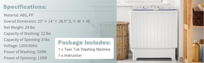 Costway Compact Twin Tub Washing Machine, Control Knobs, Timer Control, Built-in Pump Drain, Durable Design, Compact Laundry Washer for RV, Apartments and Dorms
