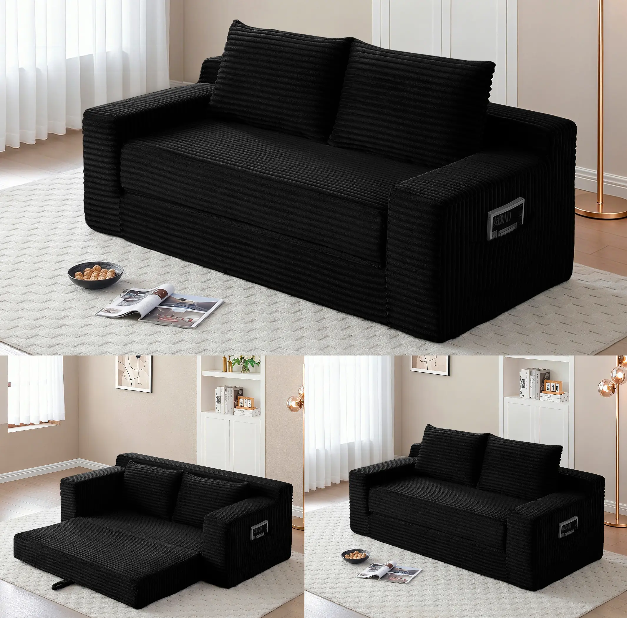 Niccae Memory Foam Cloud Loveseat Sofa 2 in 1 Convertible Folding Couch Bed No Assembly Compressed Corduroy Floor Lounge for Apartment Office Bedroom Living Room