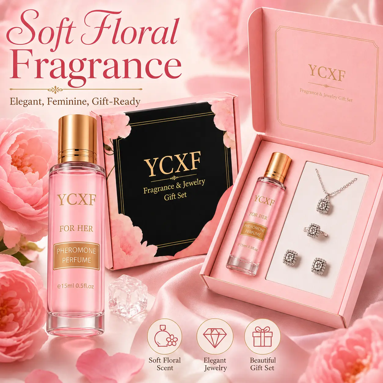 (perfume and accessories set) pheromone perfume - pheromone fragrance specially created by Aphrodite for women; Essential oil of pheromones used to attract men; Ball shaped pheromone essential oil; Female specific pheromones.