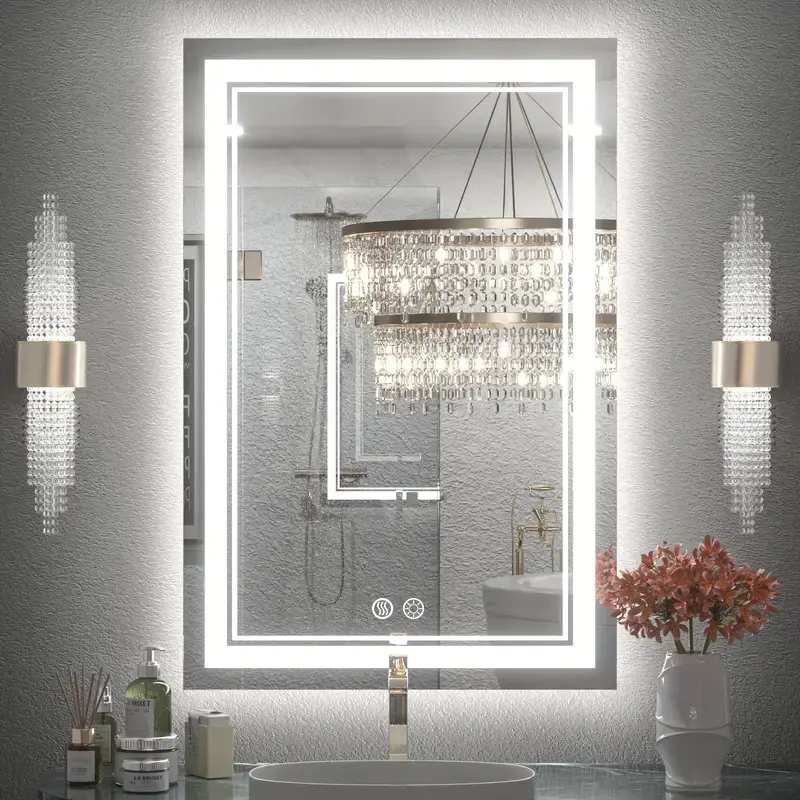 LED Bathroom Mirror With Lights, Anti-Fog, Dimmable Shower Mirrors, High Definition Makeup Mirrors, Wall-Mounted Vanity Mirrors, Memory Function, Tempered Glass,Shatter-Proof, US standard plug/Switch , Size 24*16inch, Bathroom Decor And Accessories
