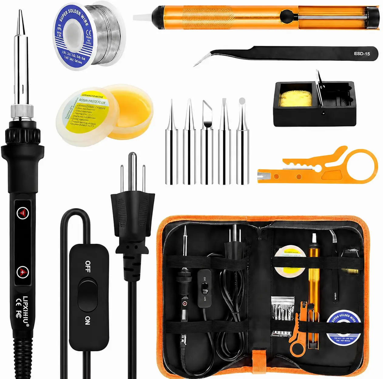 Soldering Iron Kit 80W LCD Adjustable Temperature 180-520℃ Solder Kit Electronics 13 in 1 Welding Tools with ON/OFF Switch, Solder Wire, Flux, 5 Soldering Tips, Desoldering Pump, Stand, Tweezers