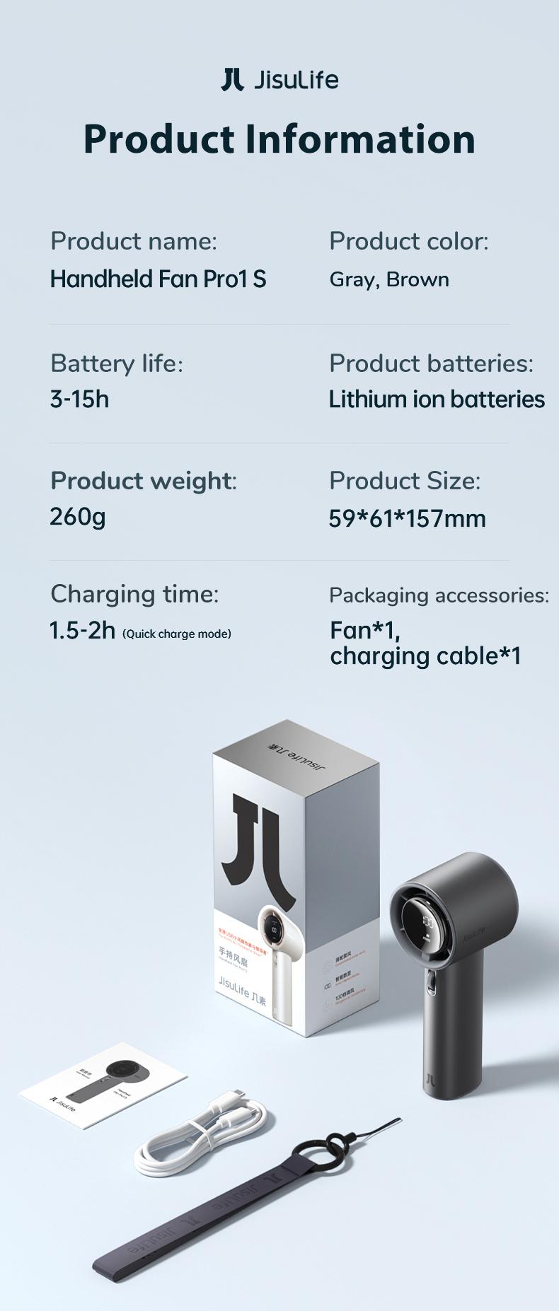 JISULIFE Handheld Fan Pro1S - 5000mAh Rechargeable, Metal Body, Digital Display, Turbo 9 m/s, 3-15h Cooling, USB Fast Charging, Travel/Outdoor