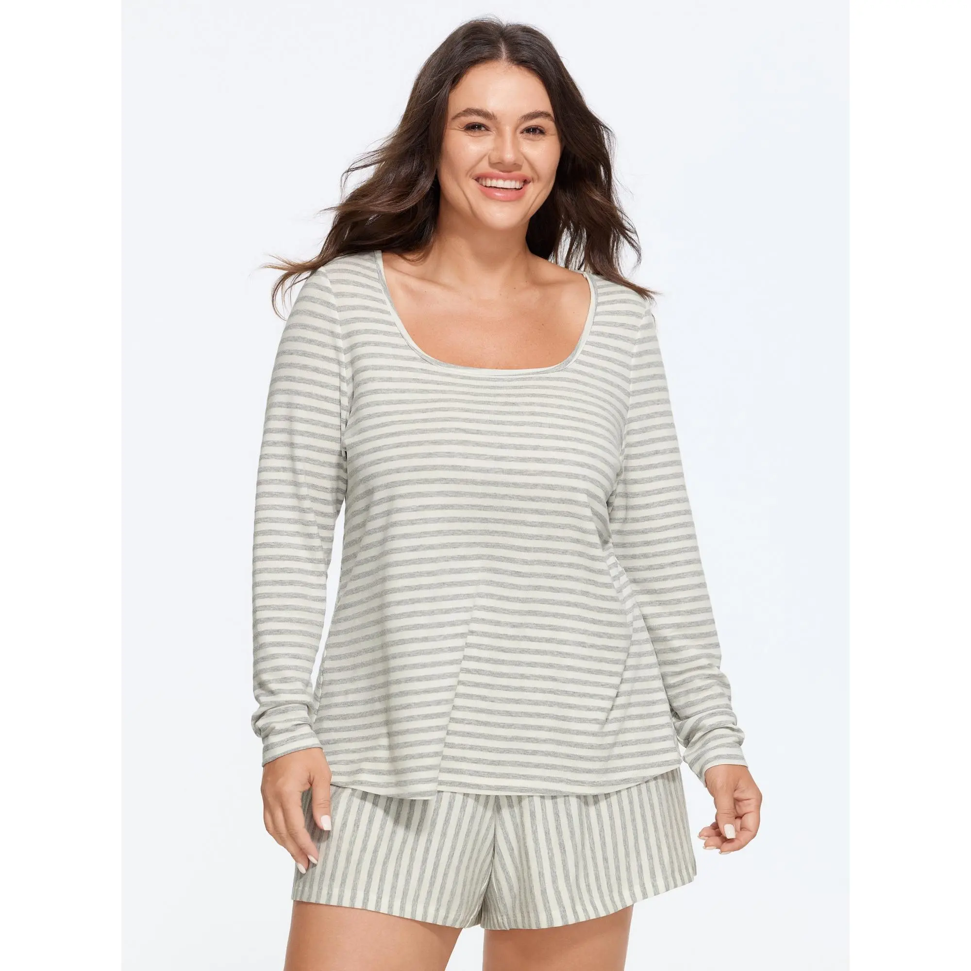 BloomChic Supersoft Stretch Striped U Neck Pajama Set 【M-6XL】