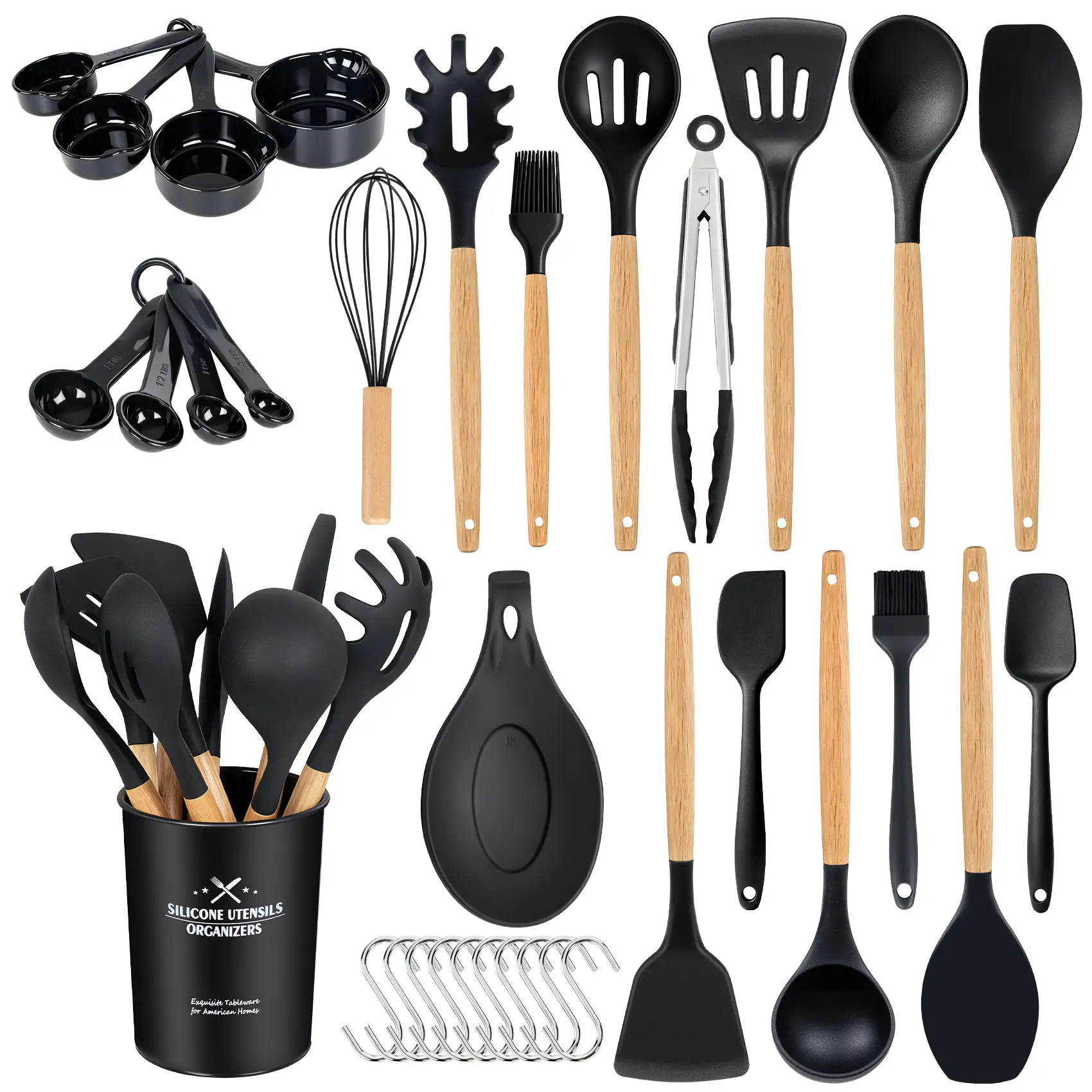 MGKKT 34-Piece Pink Silicone Cooking Utensil Set with Teak Wood Handles - Stainless Steel Core, Durable, Heat-Resistant, Nonstick-Safe, Smooth Grip, Easy-to-Clean (Spatula, Spoon Included)