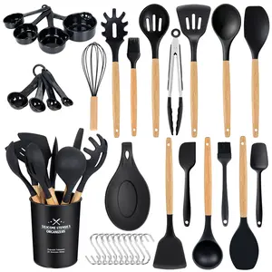 MGKKT Pink Silicone Kitchen Utensil Set with Teak Wood Handle - Stainless Steel, Heat-Resistant, Non-Stick Safe for Nonstick Cookware, Smooth Grip, Easy-to-Clean Girly Kitchen Accessory (Spatula, Spoon Included) Wooden Cooking Tools