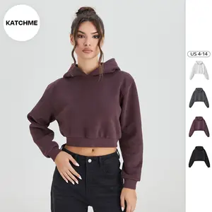 KatchMe Women's Minimalist Solid Color Hooded Long Sleeve Crop Hoodie, Slouchy Plain Outerwear, Comfortable Womenswear, Casual Fitted Pullover
