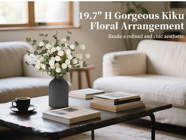 Fake Flowers in Vase for Centerpieces: Metal Vase with 12 Stems of Artificial Mums Kiku Flowers Eucalyptuses Home Table Decor - White Faux Pom Poms Floral Arrangements for Living Room