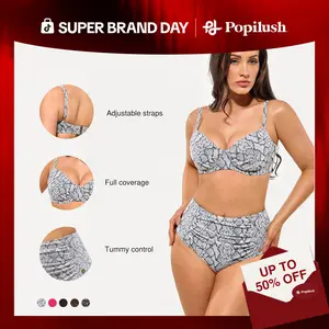 Popilush Leopard Swimwear Set High Waisted Bikini Shapewear Swimsuit  Push Up Adjustable Cover Up