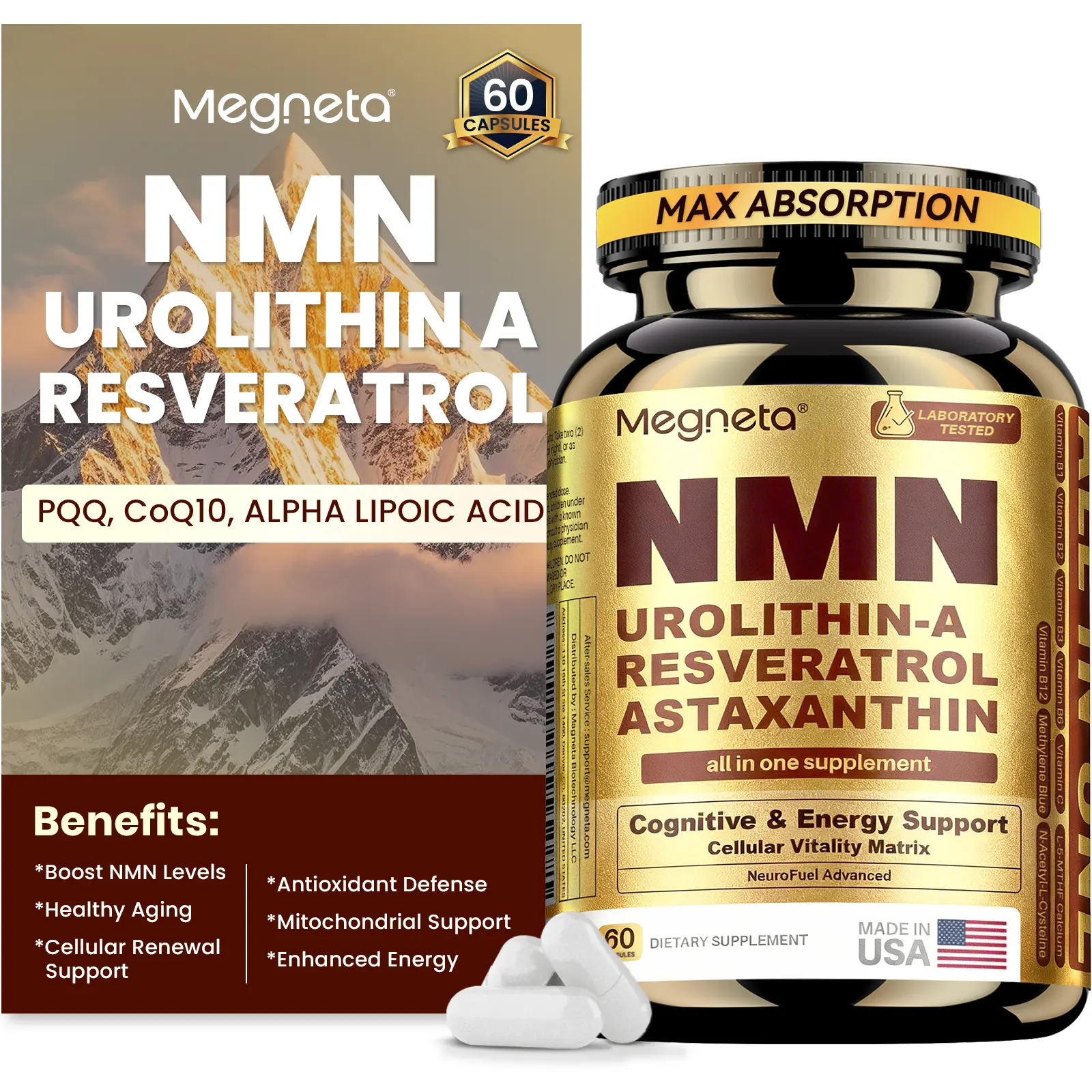Advanced NMN Anti-Aging Formula – Urolithin A, Resveratrol & PQQ for Energy, Focus & Cellular Renewal – Premium Longevity Supplement – 60 Capsules