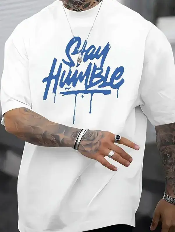 Blue Dripping Letter Graphic, Casual Short Sleeve Round Neck Summer Top, Machine Washable Relaxed Fit Tee for Men & Teens funk  volume  shirt Cotton Menswear apparel Soft T-Shirt