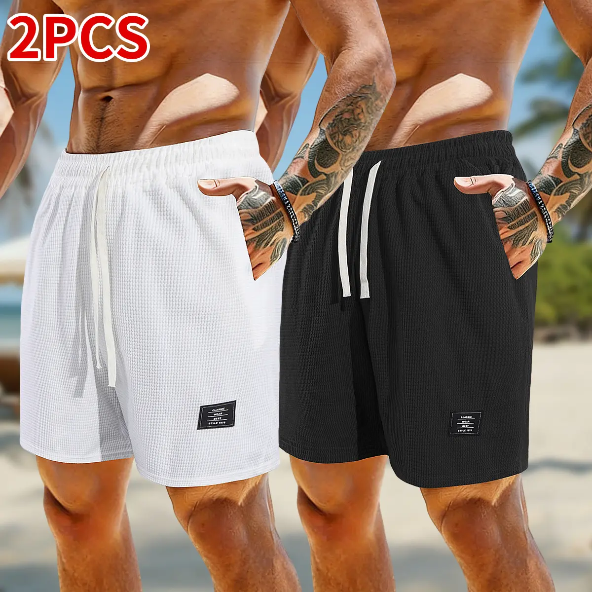 Men's Slim-Fit Textured Knit Shorts for Gym & Fitness Workouts - Lightweight with Elastic Waist and Pockets, Fitness Workout Shorts, Athletic Gym Shorts, Fitness Shorts