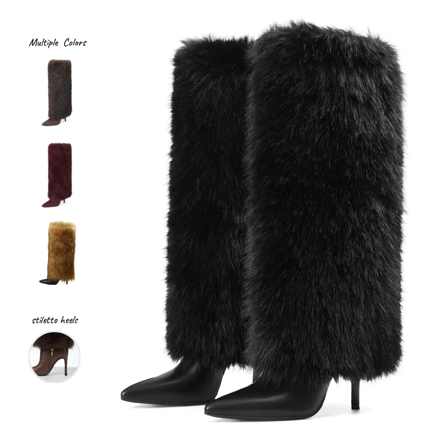 EROCALL Womens Faux Fur 4 Inch Stiletto Knee High Boots Fold Over Fur Boots Pointed Toe Long Fashion Boots for Fall Winter Party Night Out Daily Wear Outfit Brown Black Red Colors Boots woman
