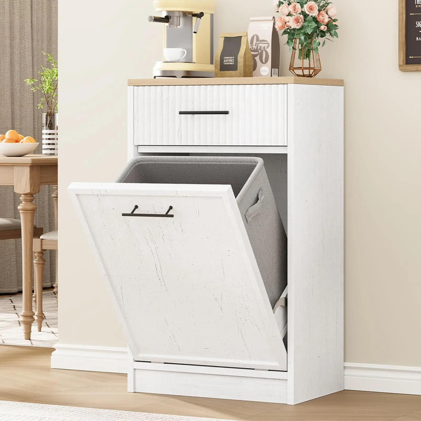 Fluted Trash Cabinet Tilt Out,Hidden Trash Can Cabinet with 10 Gallon Storage for Kitchen Dining Room,Pet-Proof Trash Bin Cabinet Laundry Hamper,White