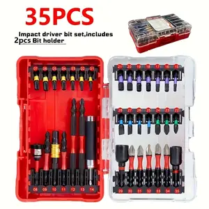 35Pieces Impact Screwdriver Bits Set, Magnetic S2 Steel Phillips/Slotted/Square/Torx Insert Power Bits Tips, Impact Bit Holder and Impact Socket Adapte with Pink Storage Box Case
