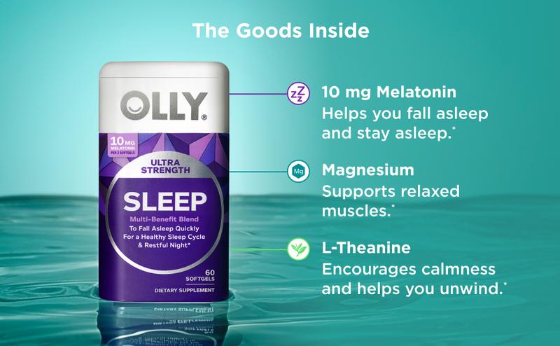 OLLY Ultra Strength Sleep Softgels, 10mg Melatonin, L-Theanine, Chamomile, Magnesium, Lemon Balm, Supports Deep Restful Sleep, Nighttime Sleep Aid, Non Habit-Forming - 60 Count