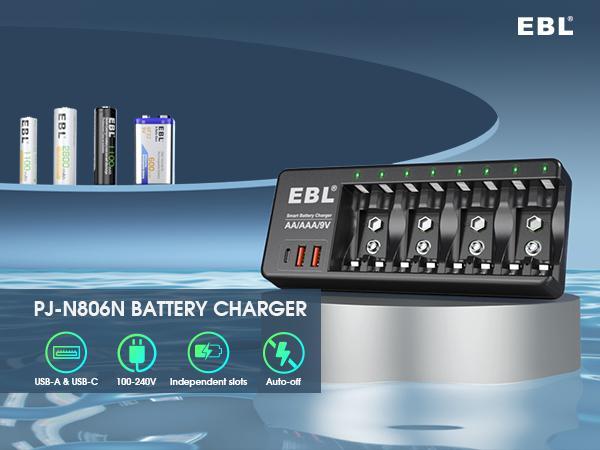 EBL AA AAA 9V Individual Battery Charger for AA AAA 9V NiMH NiCD and 9V Li-ion Rechargeable Battery, with 2 USB-A & 1 USB-C Charging Ports