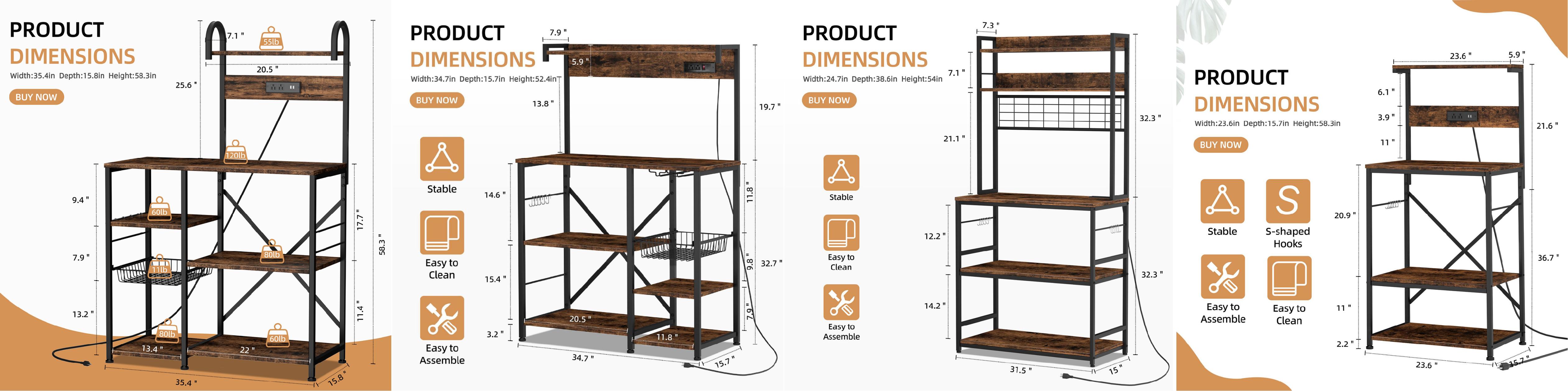 Walsunny Kitchen Baker's Rack Shelf, Standing Coffee Bar Home Organizers with Power Outlet Switch, Microwave Oven Stand Metal Wire Basket Organiser with Hooks, Retro, Grey Storage Furniture