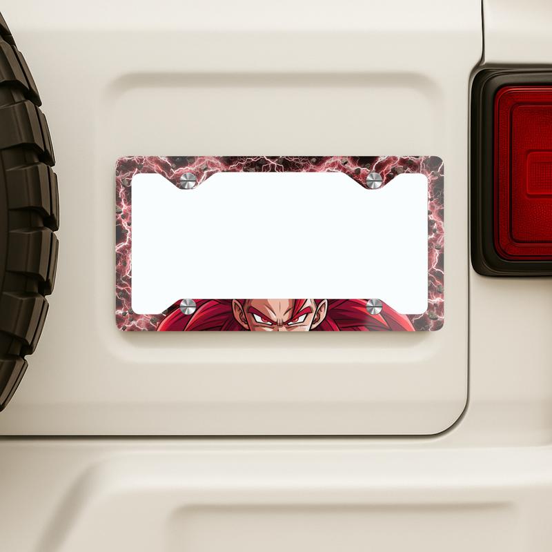 Angry Anime Warrior Metal License Plate Frame Red Lightning Accent Glossy Aluminum Full Color Print 12.3x6.5 Inch
