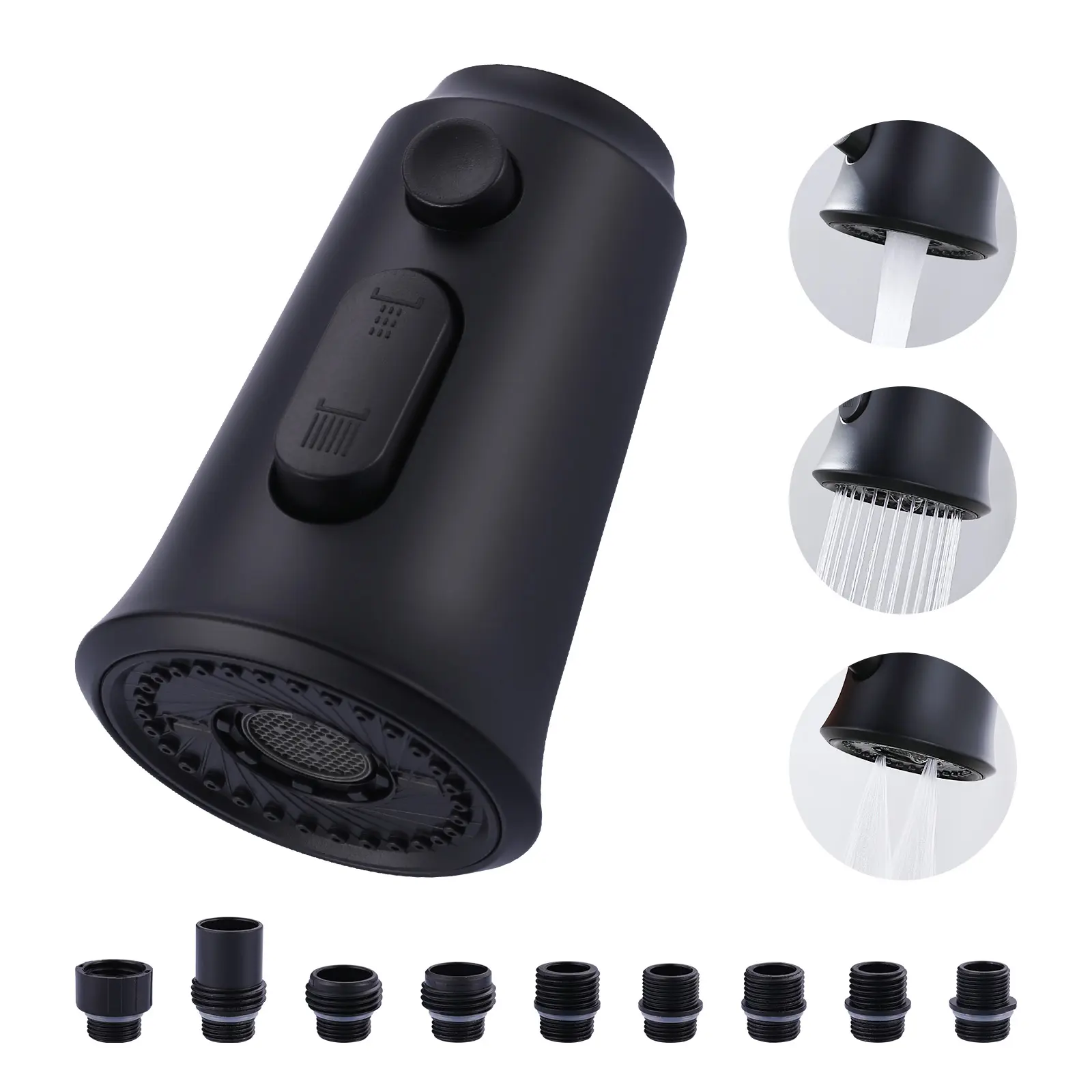 WOWOW Modern Matte Black 3-Function Pull Down Kitchen Faucet Head Replacement, ABS Spray Nozzle with Steam & Sweep Multi-Modes, 9 Adapters, Water-Saving, Effortless Use, Durable, Easy Installation, 30 Days Free Refund, 2 Years After-Sales Service