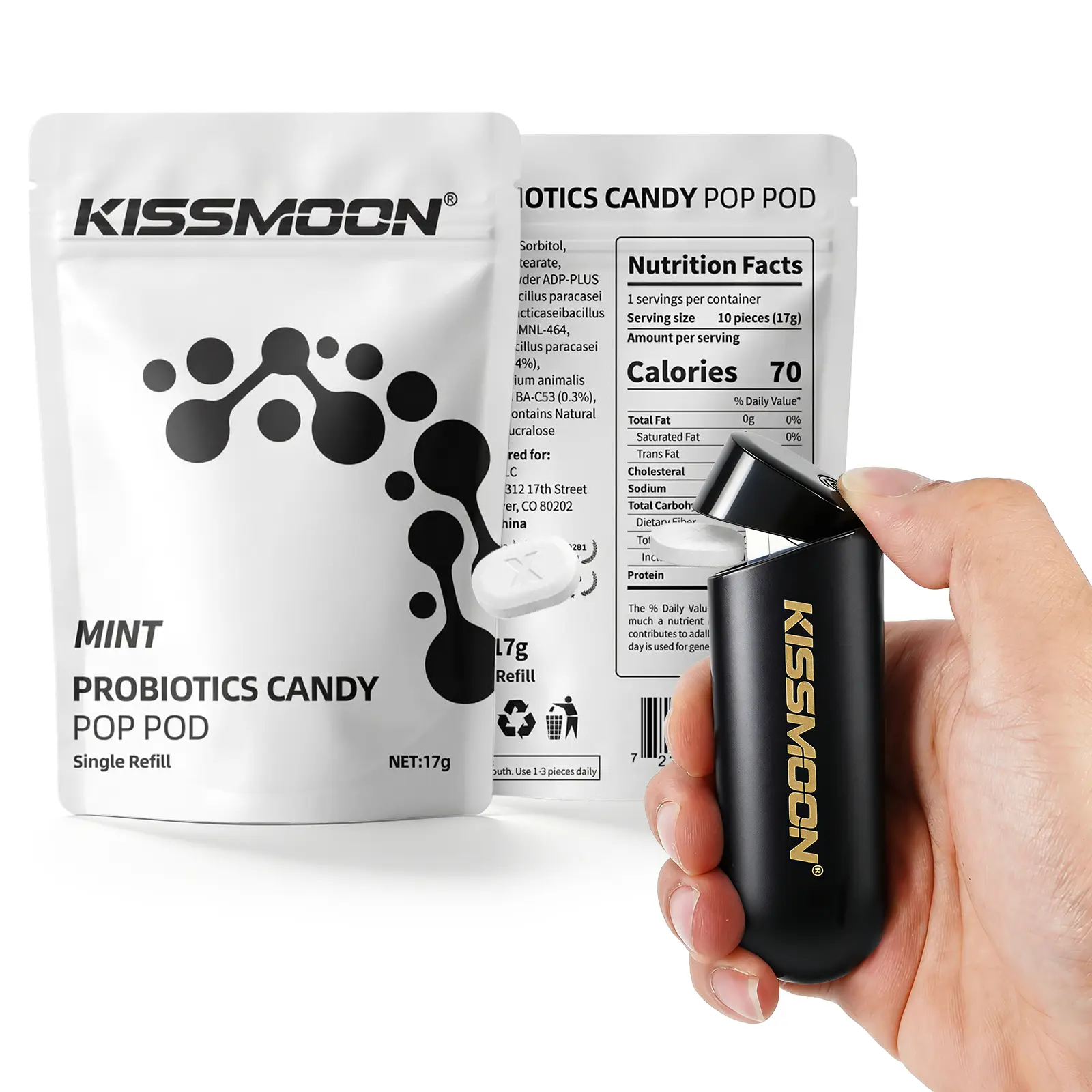 KISSMOON Candy Launcher Probiotics Candy Pop Pod Mint Candy/Sugar-Free Bonbon Snack