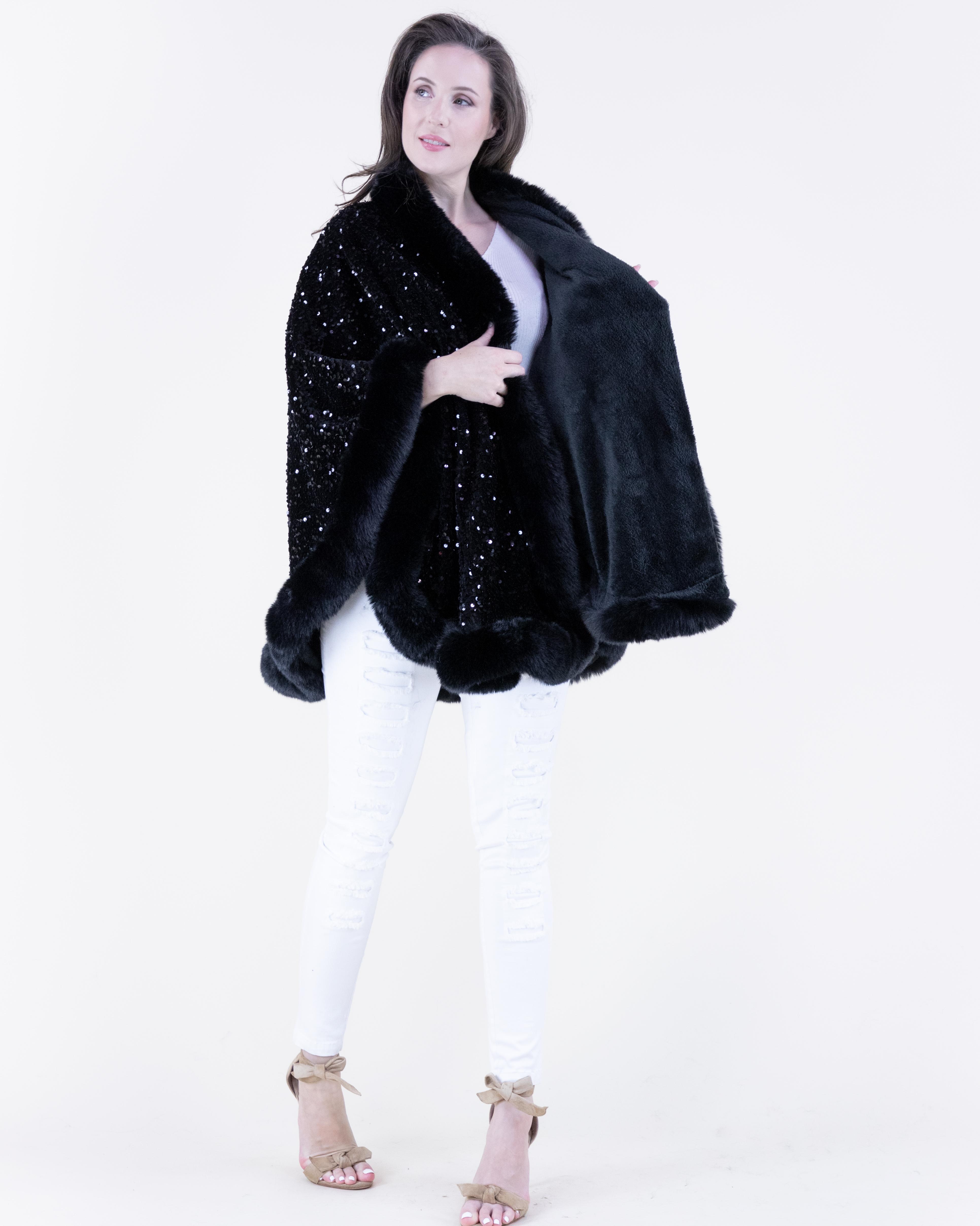 Women's Luxurious Sequin Faux Fur Trimmed Evening Cape Poncho - Elegant Outerwear for Special Occasions