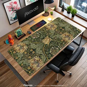 William Morris Poppy Desk Mat - Arts & Crafts Botanical Mouse Pad, Forest Green Floral Design, Antique Style Decor Gift