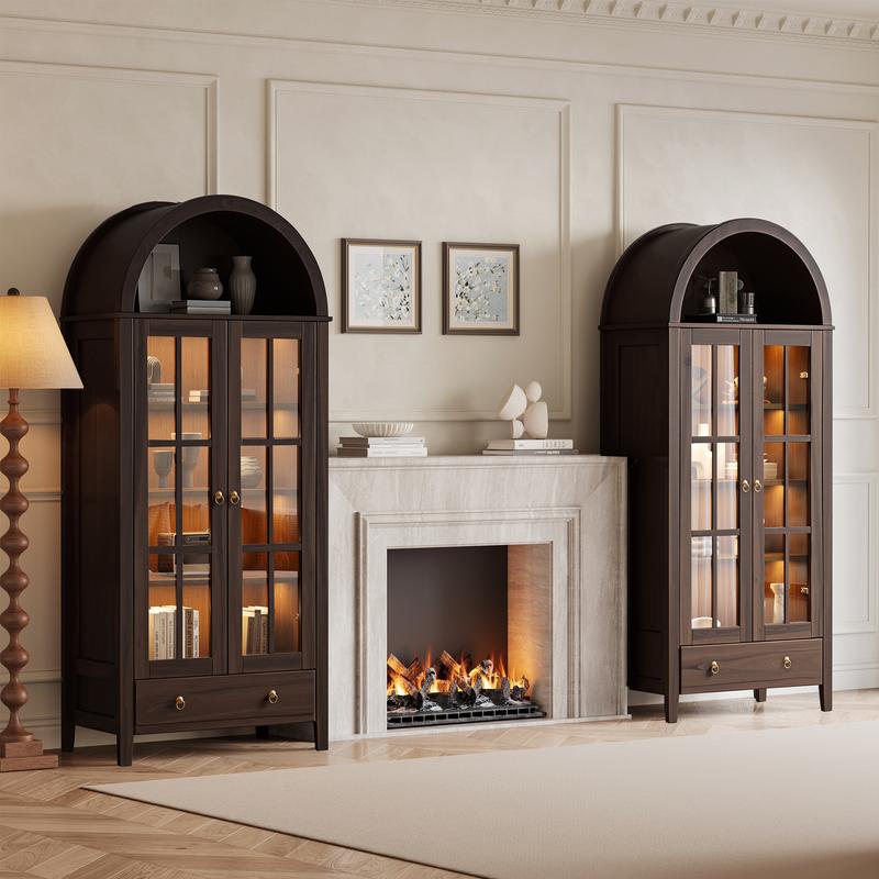 【Jumpstart Sale】71" Tall Arched Kitchen Pantry with Magnetic LED Lights, Modern Farmhouse Wood Kitchens Storage Cabinets with Large Drawers and Glass Door, Versatile Cupboard for Kitchen, Dining Room, Bathroom, Livingroom