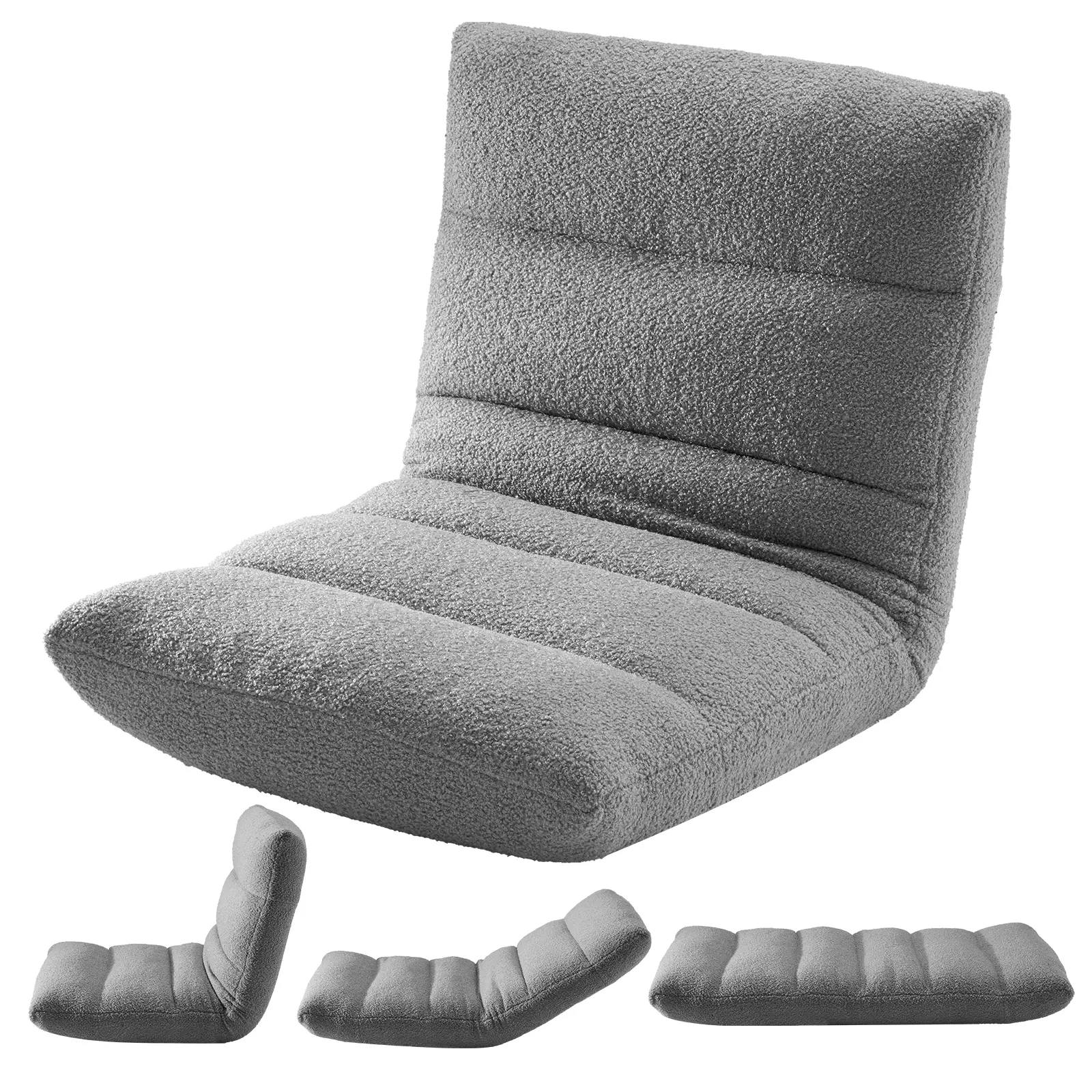 14-Position Adjustable Foldable Floor Chair, Ergonomic Teddy Fleece Floor Lounge Sofa with Memory Foam Padding, Space Saving Flat Fold Gaming Reading Floor Chair for Bedroom Dorm Living Room