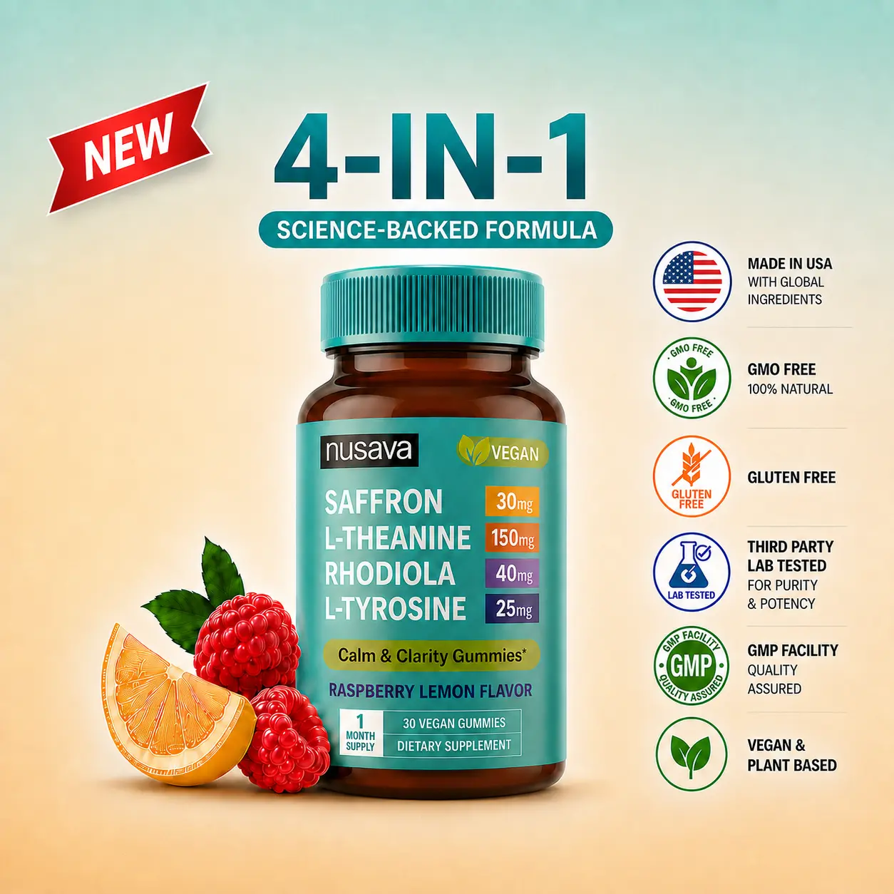 NUSAVA 4-in-1 Saffron Blend Calm Gummies - Saffron Extract with Rhodiola Rosea Extract, L-Theanine, and L-Tyrosine for Daily Composure & Cognitive Support - Vegan Gummies